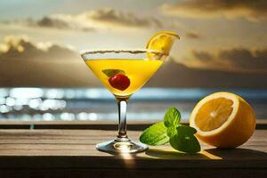 a cocktail with lemon and mint on a wooden table. AI-Generated photo