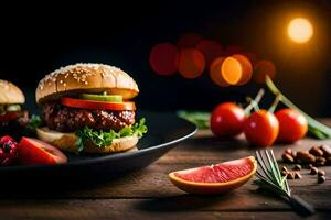 two hamburgers on a plate with tomatoes and other vegetables. AI-Generated photo
