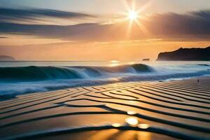 puesta de sol en el playa, ondas, ondas, ondas, ondas, ondas, ondas, ondas. generado por ai foto