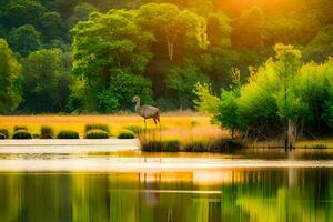 a bird is standing on a small island in the middle of a lake. AI-Generated photo