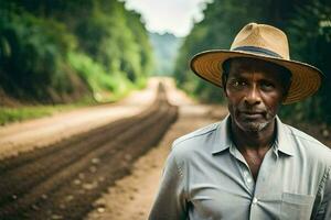 un hombre en un sombrero en pie en un suciedad la carretera. generado por ai foto