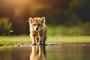 a fox walking across a field with water. AI-Generated photo