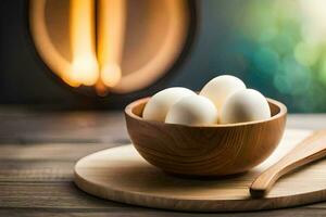 eggs in a wooden bowl on a table. AI-Generated photo