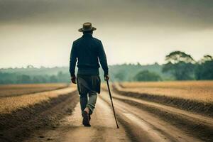 un hombre caminando abajo un suciedad la carretera con un caña. generado por ai foto