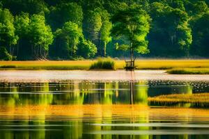 a tree is standing in the middle of a lake. AI-Generated photo