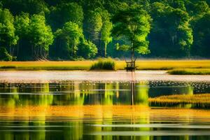 un árbol es en pie en el medio de un lago. generado por ai foto