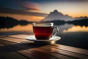 un taza de té en un de madera mesa en frente de un lago. generado por ai foto