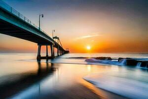 un largo exposición fotografía de un puente terminado el océano. generado por ai foto