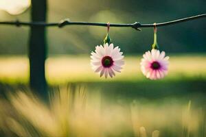 two pink flowers hanging from a wire. AI-Generated photo