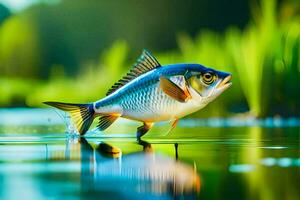 un pescado es en pie en el agua en frente de césped. generado por ai foto