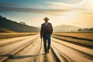 un hombre en un traje y sombrero caminando en un suciedad la carretera. generado por ai foto