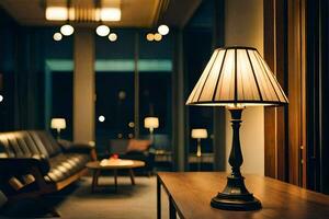a lamp is sitting on a table in a room. AI-Generated photo