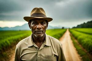 un hombre en un sombrero soportes en un campo. generado por ai foto