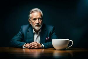 un más viejo hombre en un traje sentado a un mesa con un taza de café. generado por ai foto