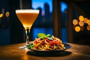 a plate of spaghetti and a cocktail on a table. AI-Generated photo