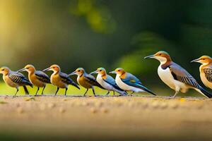 un grupo de aves en pie en el suelo. generado por ai foto