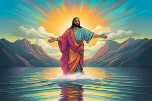 Jesus Christ walking on water at sea. photo