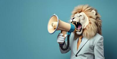 Lion announcing using hand speaker. Notifying, warning, announcement. photo