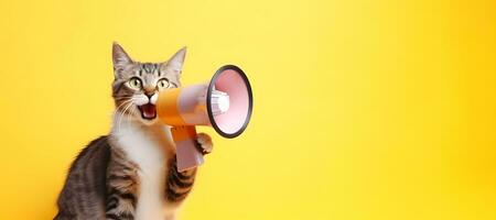 Cat announcing using hand speaker. Notifying, warning, announcement. photo