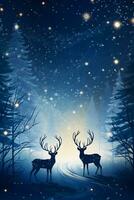 Two reindeers in jungle at winter night photo