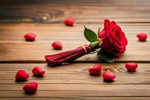 the rose is on the table with red hearts scattered around it. AI-Generated photo