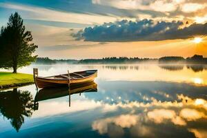 a boat is docked on the shore of a lake at sunset. AI-Generated photo