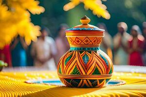 a colorful vase sitting on a table with people in the background. AI-Generated photo