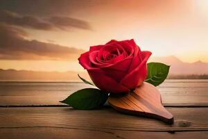 un rojo Rosa en un de madera mesa con un puesta de sol en el antecedentes. generado por ai foto