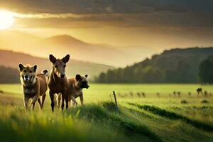 three dogs walking in a field at sunset. AI-Generated photo