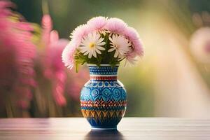 a vase with pink flowers sitting on a table. AI-Generated photo