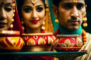 a man and woman in traditional indian attire are holding a tray. AI-Generated photo