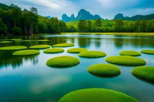 the green grass is in the middle of a lake. AI-Generated photo