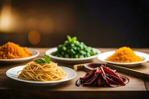 a table with bowls of different types of pasta. AI-Generated photo