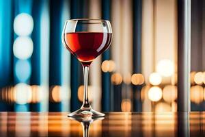 a glass of red wine on a table in front of a blurred background. AI-Generated photo