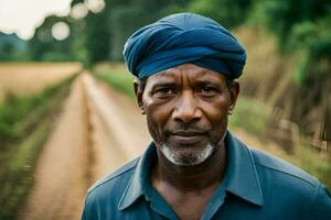 un hombre en un turbante en un suciedad la carretera. generado por ai foto