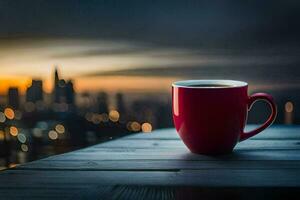 a cup of coffee on a wooden table in front of a city skyline. AI-Generated photo
