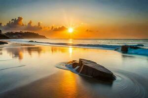the sun rises over the ocean and waves on a beach. AI-Generated photo