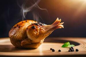 a chicken is sitting on a wooden plate with smoke coming out of it. AI-Generated photo