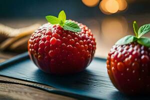 two red apples on a black plate. AI-Generated photo