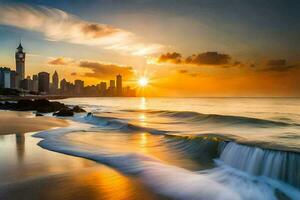 the sun sets over the city skyline in taiwan. AI-Generated photo