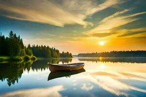 a boat is floating on a calm lake at sunset. AI-Generated photo