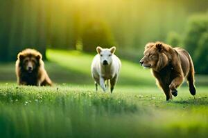 three lions and a white horse running in the grass. AI-Generated photo