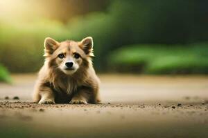 a dog sitting on the ground in the middle of a field. AI-Generated photo