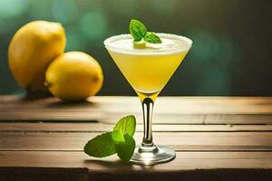 a cocktail with lemon and mint on a wooden table. AI-Generated photo