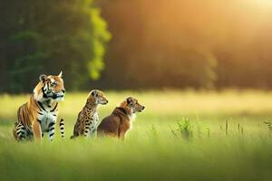 Tres tigres y un leopardo en el césped. generado por ai foto