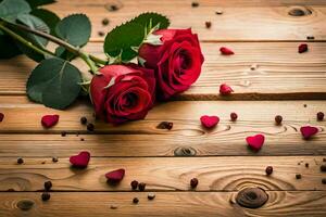 red roses on a wooden table. AI-Generated photo