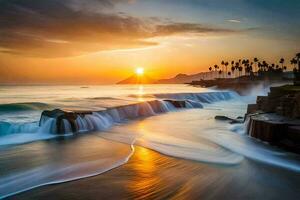 the sun sets over the ocean and waves crashing into the shore. AI-Generated photo