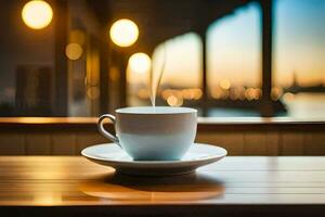 a cup of coffee on a table with a view of the city. AI-Generated photo