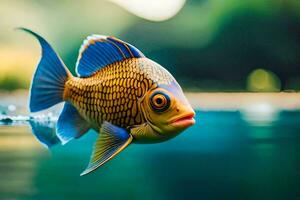 un pescado con un azul y amarillo cuerpo es nadando en el agua. generado por ai foto