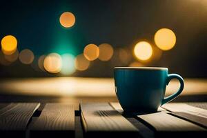 un azul café taza se sienta en un de madera mesa en frente de un borroso antecedentes. generado por ai foto